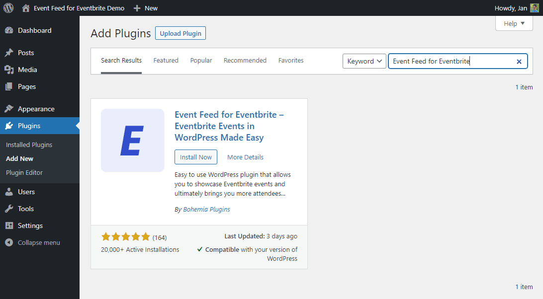 Installing Event Feed for Eventbrite from WordPress Admin Dashboard