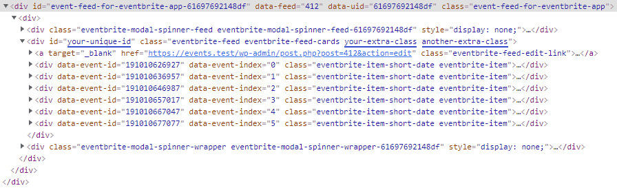 Event feed HTML structure after adding custom selectors